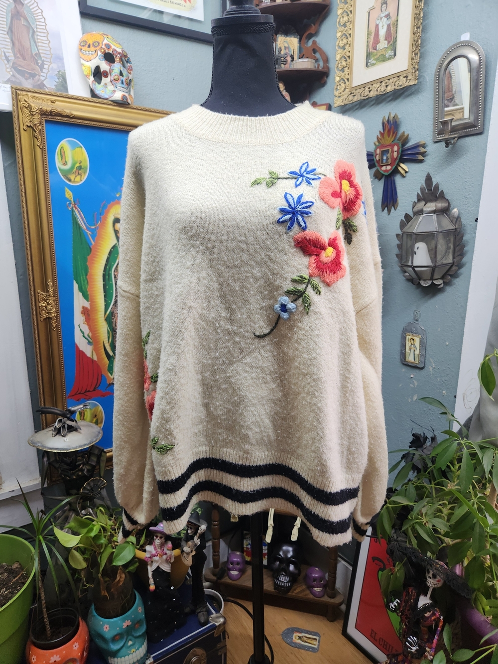 Embroidered Cream Floral Crewneck Sweater with Navy Stripe Hem